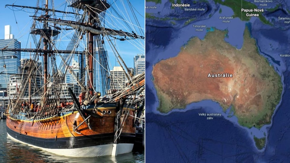 Replika lodi Endeavour kotvící v Australské metropoli Sydney